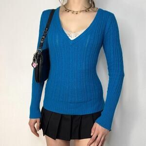 Y2K 00s American Eagle Blue Cable Knit Sweater Size Medium Bella Elena Preppy